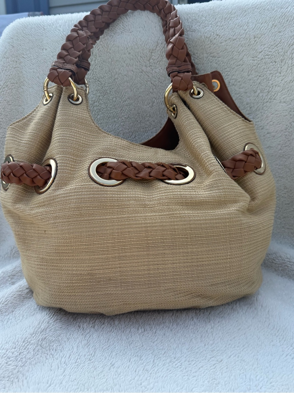 Michael Kors Large Woven Straw Hobo Bag Braided Leather Strap Grommet Tassel Nat - Picture 12 of 16